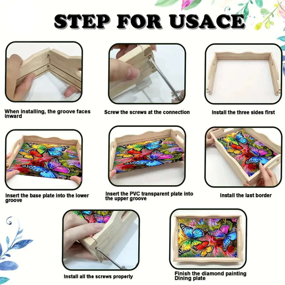 Diamond Painting Dienblad Vlinders met Houten Handgreep voor Strass Steentjes