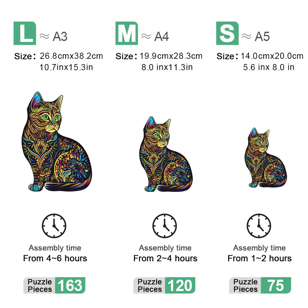 Houten figuren puzzel kleurrijke kat uniek cadeau voor volwassenen