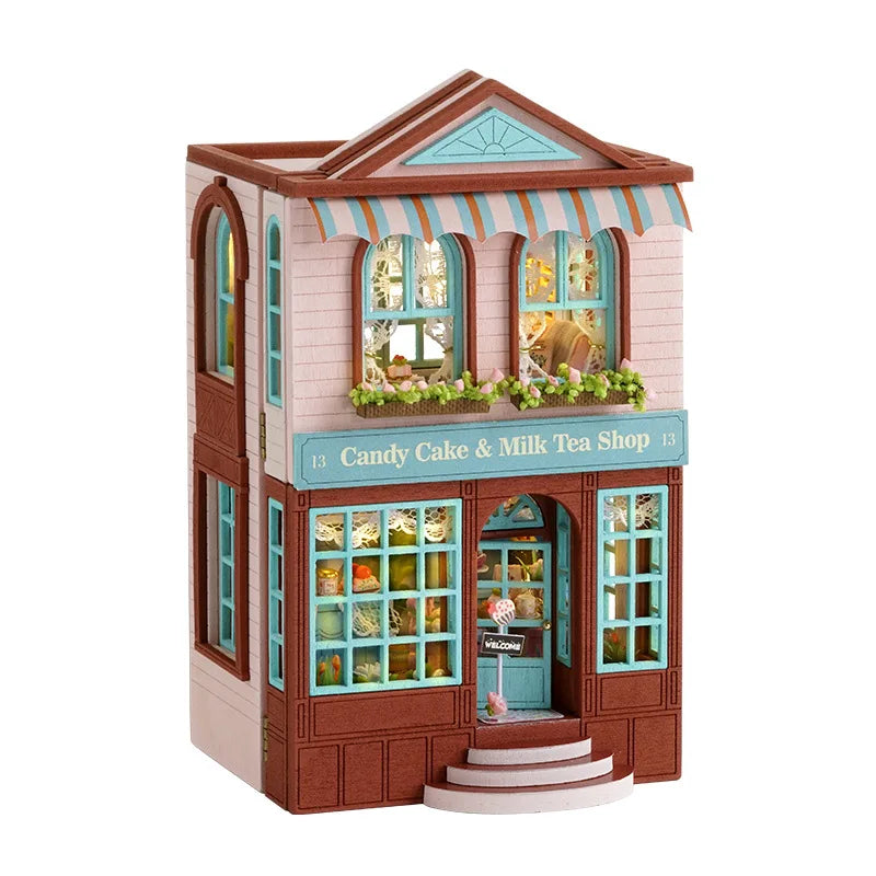 Zelfbouw miniatuurhuisje houten villa met meubels en verlichting - D-0013