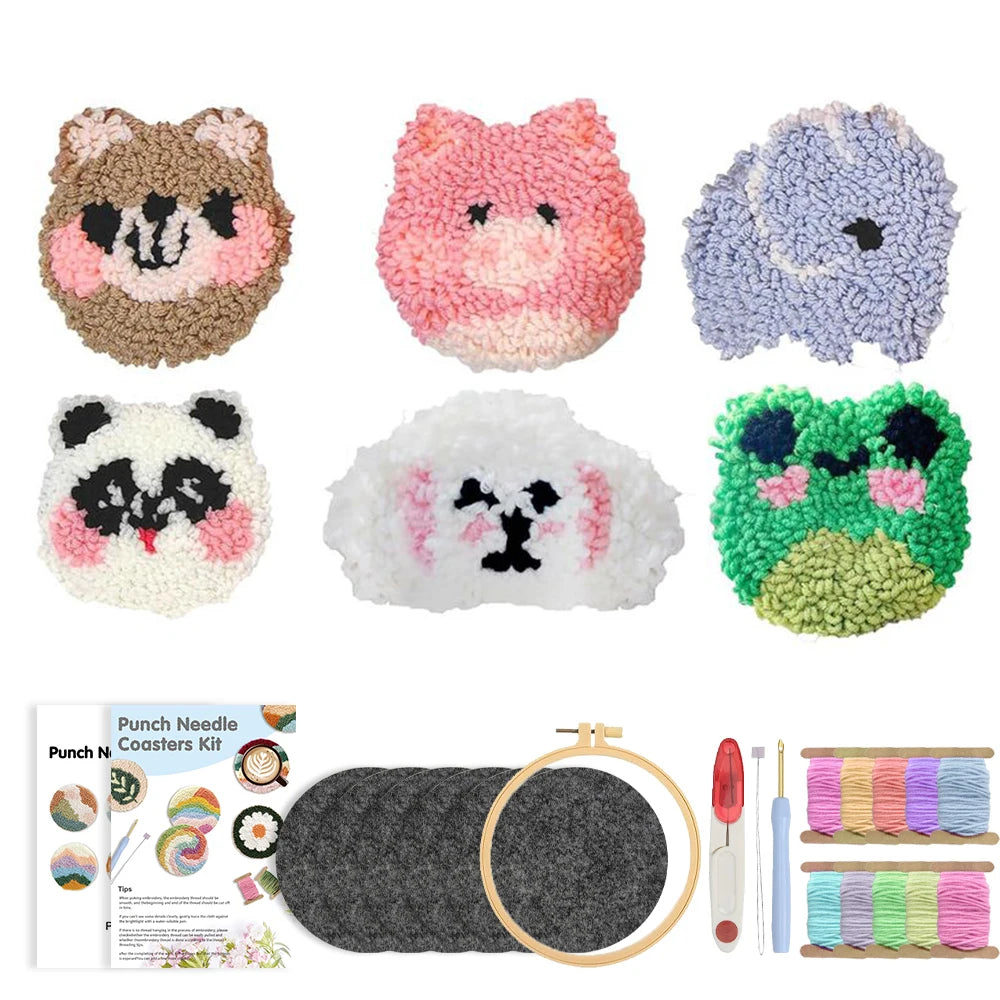 Punch Needle pakket Onderzetters Dieren en Bloemen 6 Stuks voor Beginners