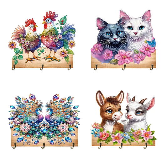 Diamond Painting Kapstok/Sleutelrek met Dieren Motief en 3 Haken