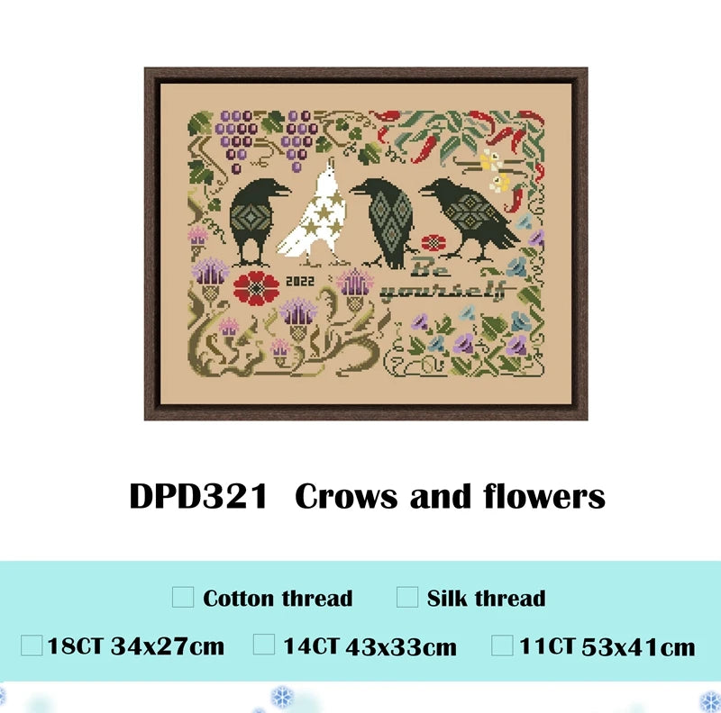 Borduurpakket Kraaien en Bloemen op Linnen Canvas