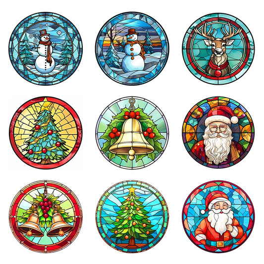 Borduurpakket Kerst – Glas-in-lood Kerstman, Kerstboom, Sneeuwpop