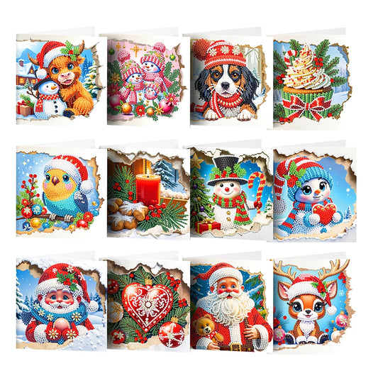 Diamond Painting Kerstkaarten set van 12 stuks – Feestelijke wenskaarten met strass steentjes