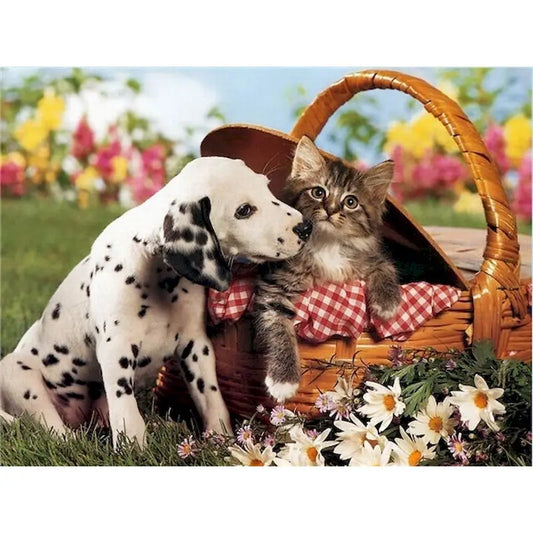 Diamond Painting Dieren - Kat met bloemen landschap wanddecoratie - DZDP32712