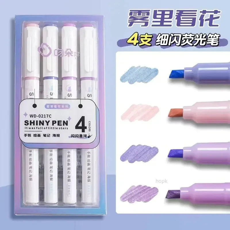 Stiften set Kawaii Glitter Highlighters Pastel 4 Kleuren