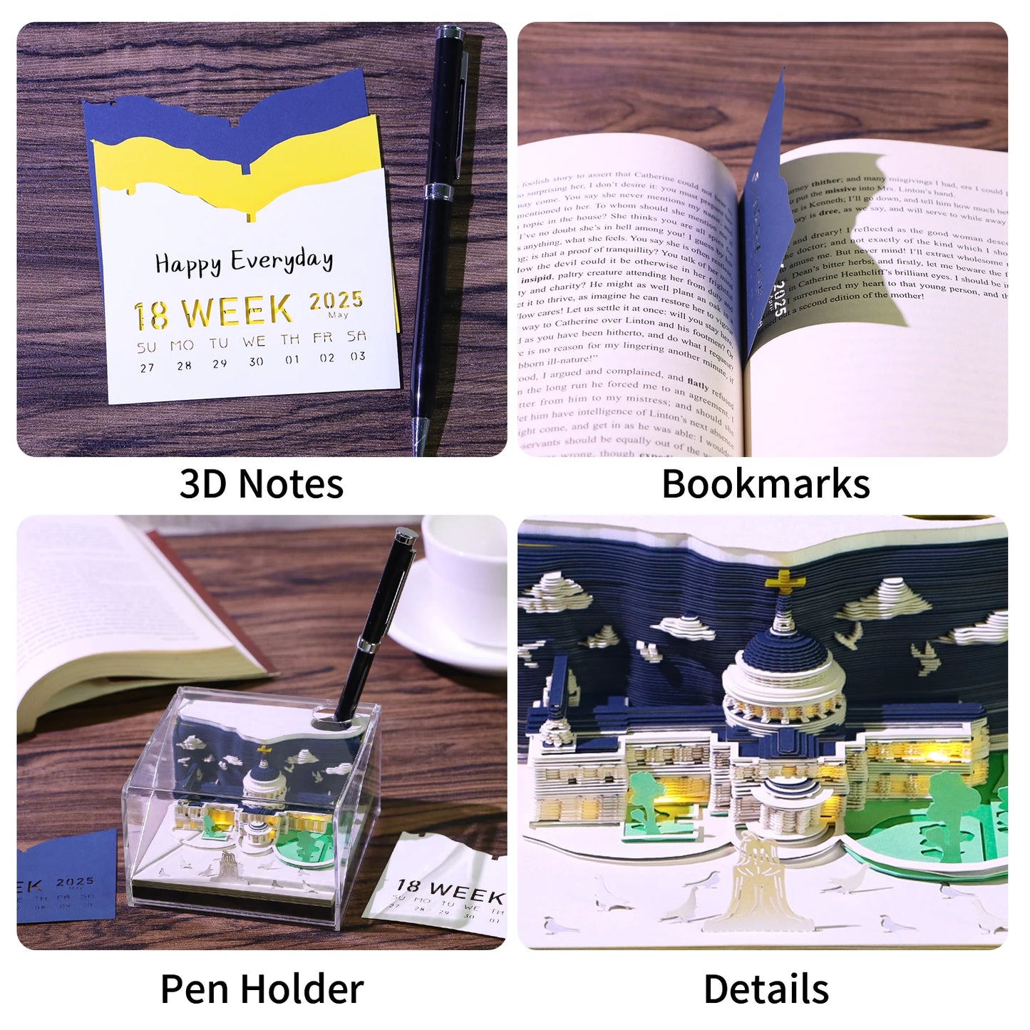 3D Papier Sculptuur Kathedraal LED Notitieblok met Pennenhouder – Creatieve Bureaudecoratie - 2025