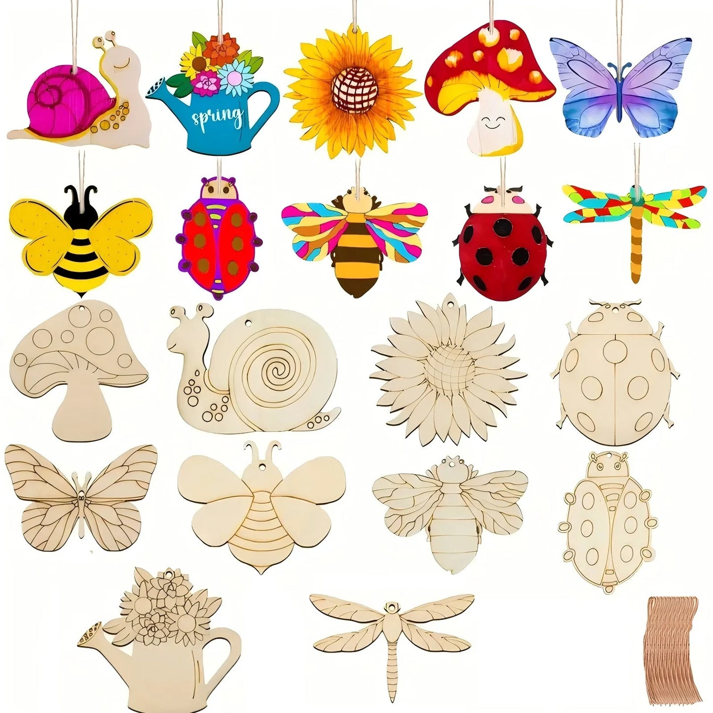 Houten figuren om zelf te kleuren/schilderen – 16 houten lente ornamenten