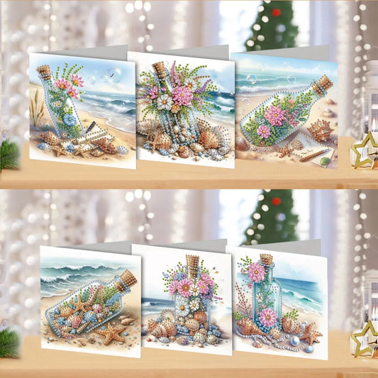 Diamond Painting Wenskaarten set Strand flessen patroon 6 stuks