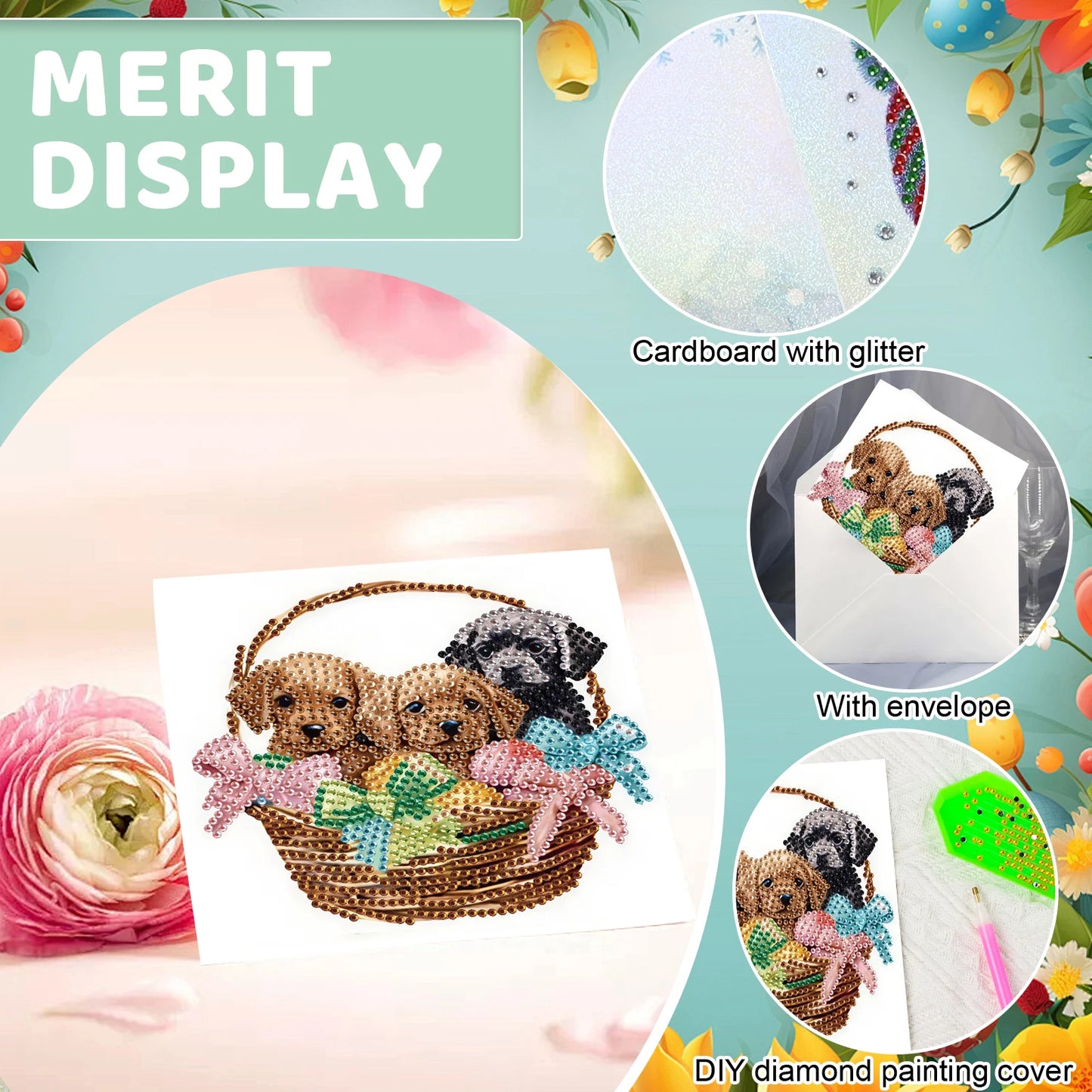 Diamond Painting Wenskaarten Pasen – Schattige Puppy Set met Diamanten