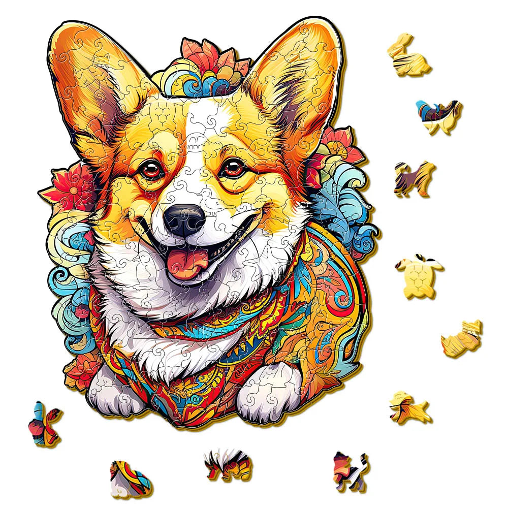 Houten figuren puzzel Kleurrijke Hond – Luxe Cadeaubox