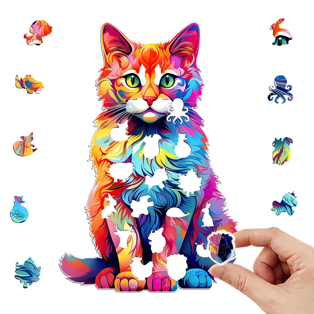 Houten figuren puzzel Kat kleurrijk – cadeau in luxe gift box