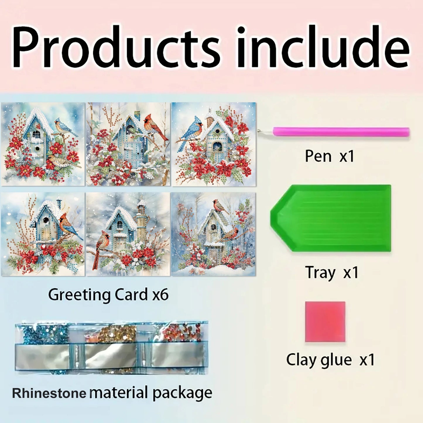 Diamond Painting Kerstkaarten set vogels en huisjes – creatieve wenskaarten