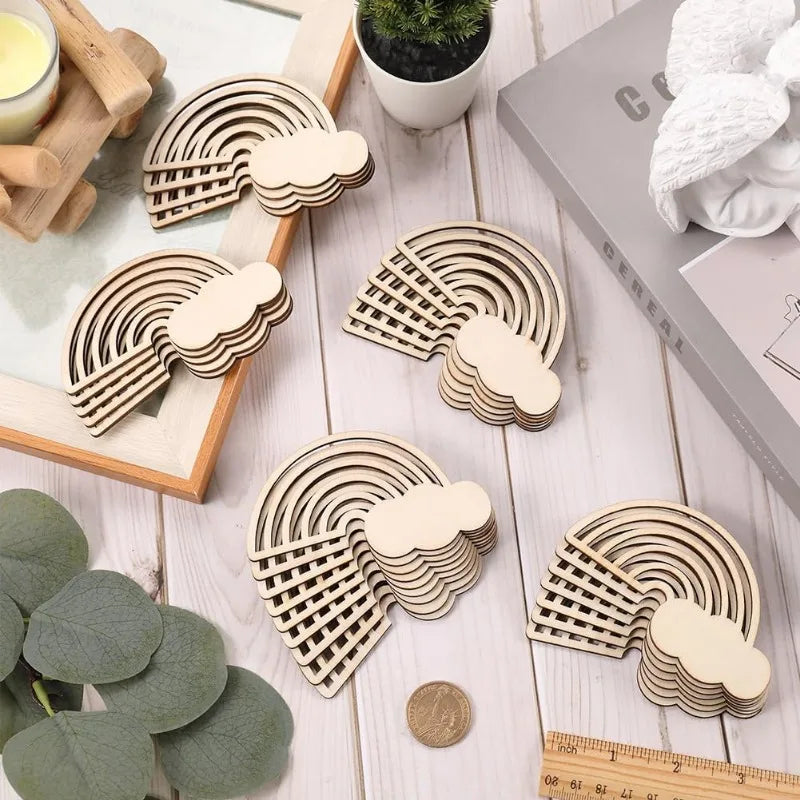 Houten figuren om zelf te kleuren – Regenboog wolk hangers set