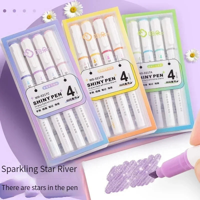 Stiften set Kawaii Glitter Highlighters Pastel 4 Kleuren