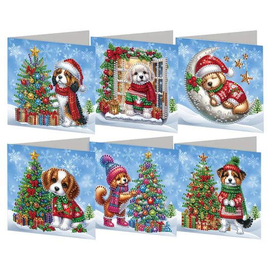 Diamond Painting Kerstkaarten honden set – 6 stuks met strass steentjes