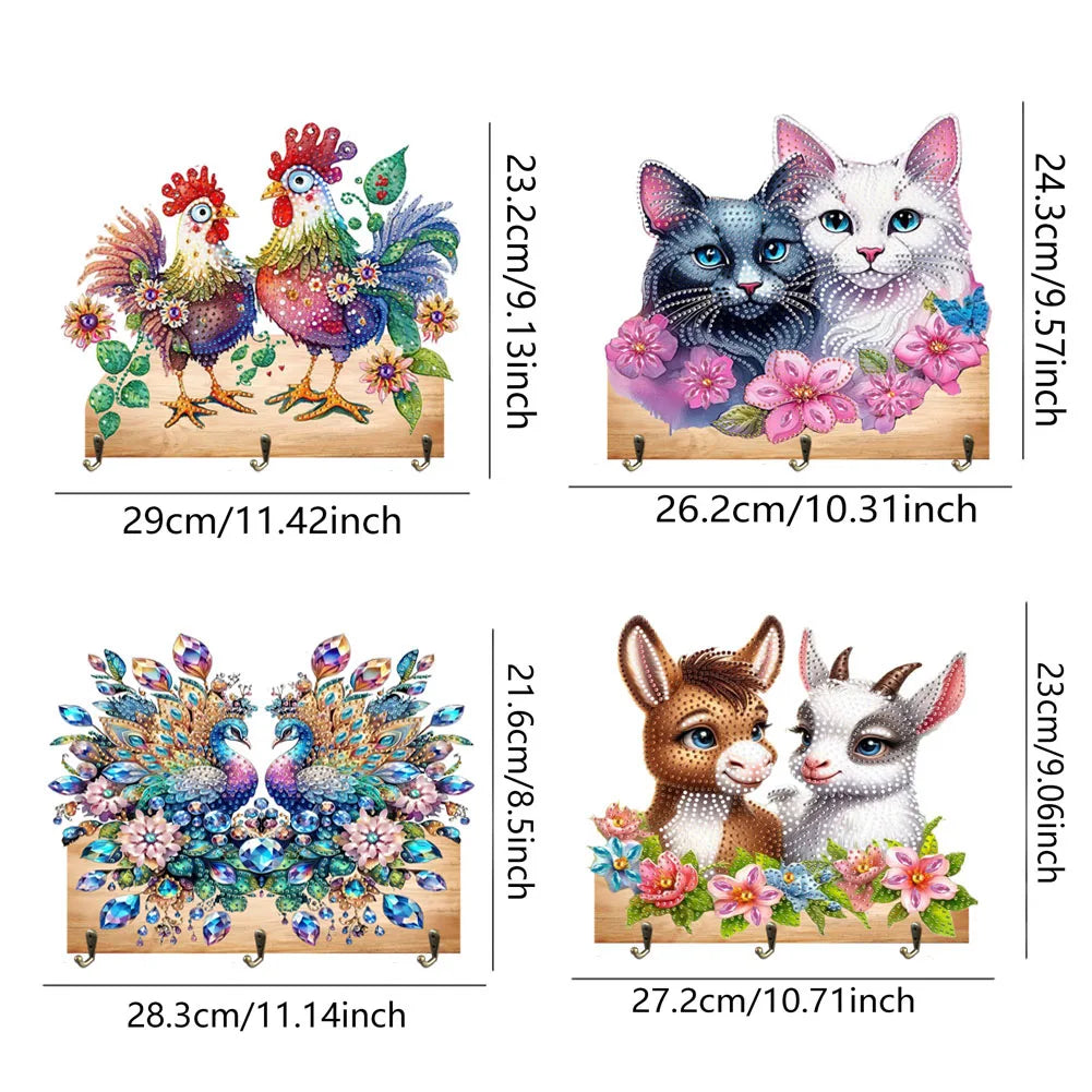 Diamond Painting Kapstok/Sleutelrek met Dieren Motief en 3 Haken