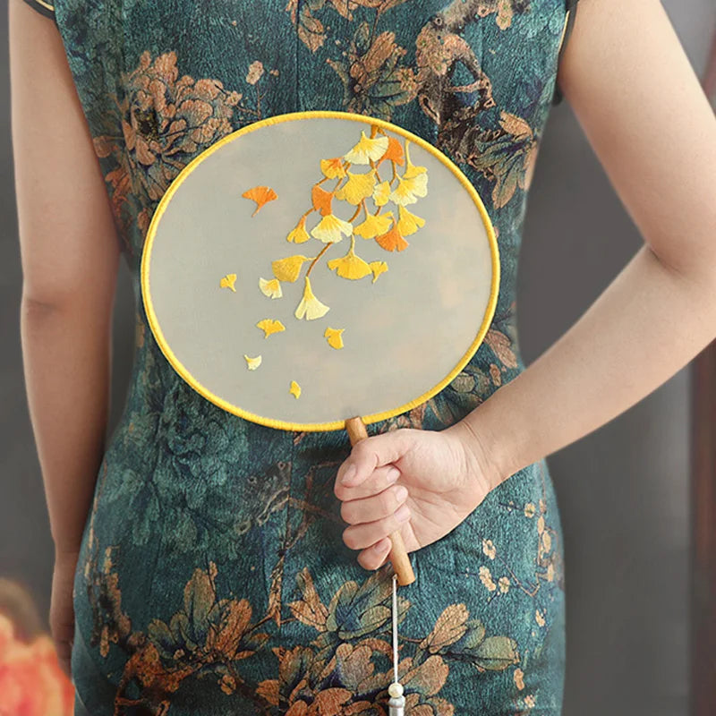 Borduurpakket rond Chinese bloemen waaier met voorgedrukt patroon