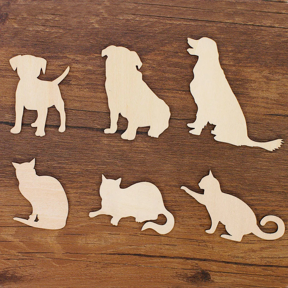 Houten figuren om zelf te kleuren katten en honden vormen set