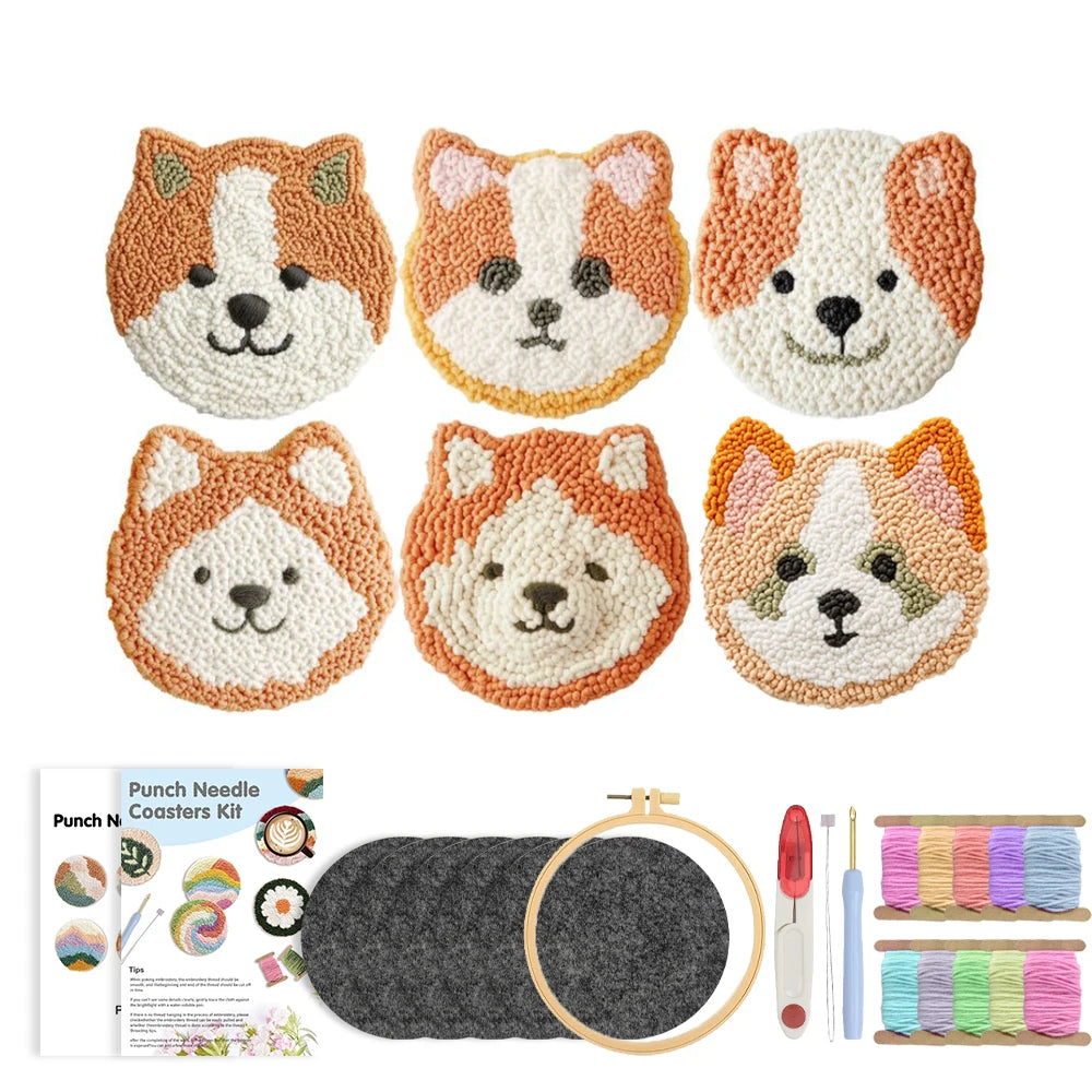 Punch Needle pakket Hond Onderzetters Set voor Beginners 6 Stuks