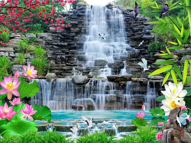 AB Diamond Painting met Fairy dust steentjes Waterval Bloemen