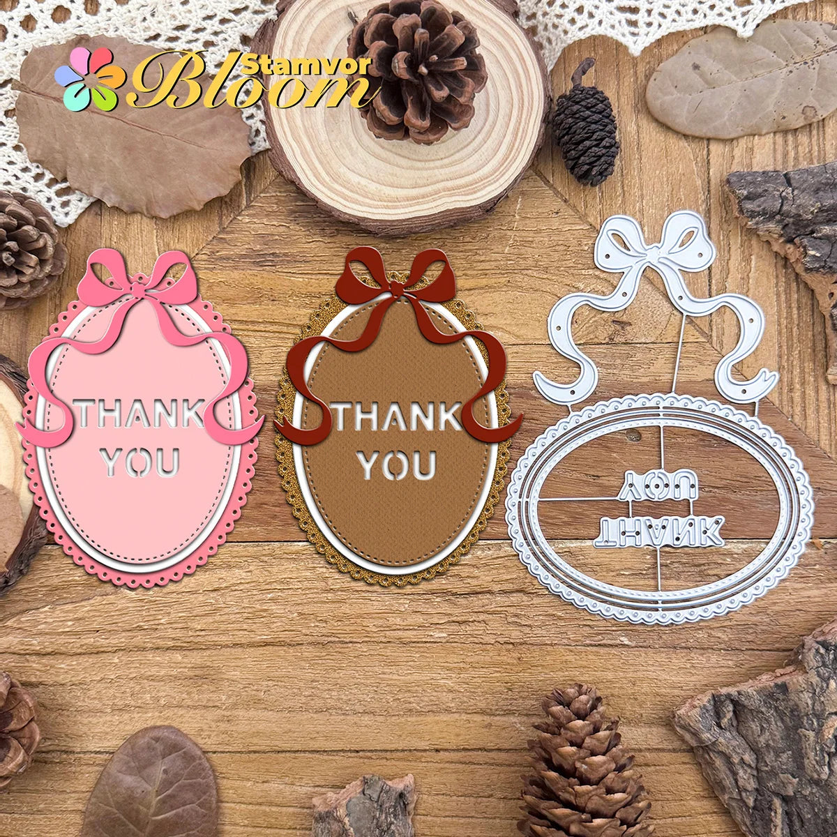 Snijmal Kant Ovale Tags met Strik en Bedankt Tekst
