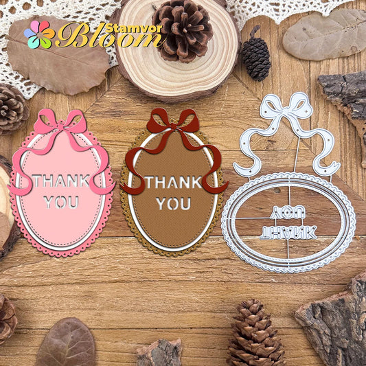 Snijmal Kant Ovale Tags met Strik en Bedankt Tekst
