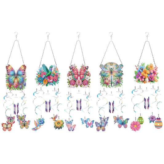 Diamond Painting Windgong met Bloemen, vlinder en Libelle – Dubbelzijdige Hanger met Diamond Painting Steentjes