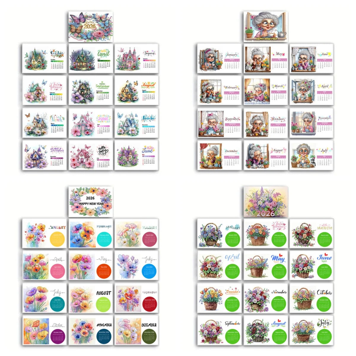 Diamond Painting Kalender 2026 met Oma, Huis en Bloemenpatroon