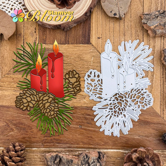 Snijmal kersttakken, bladeren en kaarsen voor decoratief embossing en kaarten