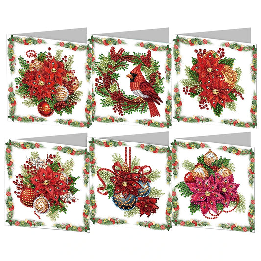 Diamond Painting Kerstkaarten set 6 stuks met bloemen en strass steentjes