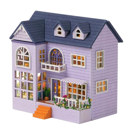Zelfbouw miniatuurhuisje houten villa met meubels en verlichting - D-032