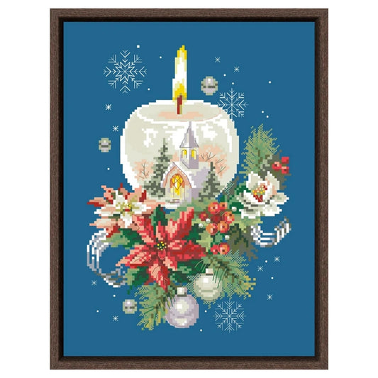 Borduurpakket kerstkaars – telpatroon op blauwe stof (11ct/14ct)