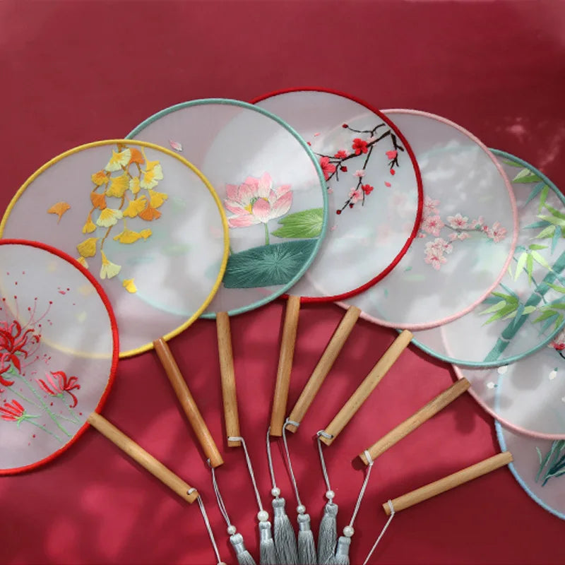 Borduurpakket rond Chinese bloemen waaier met voorgedrukt patroon