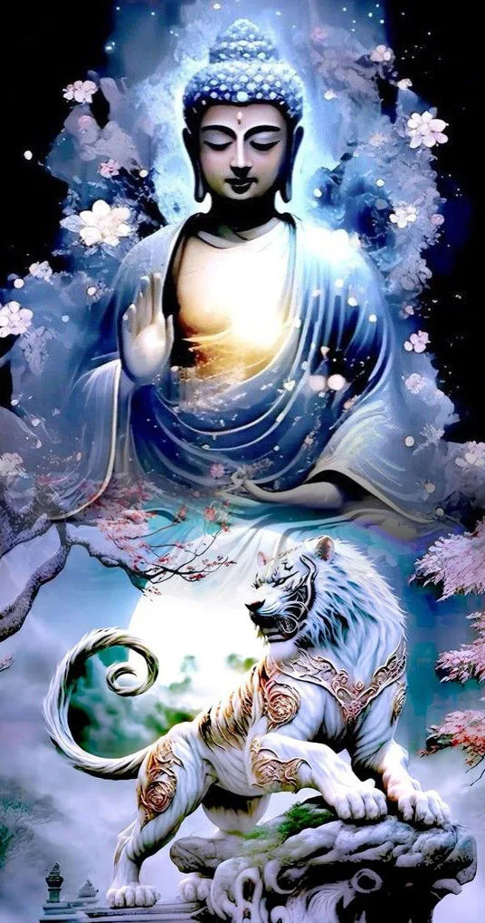 AB Diamond Painting op canvas - Tijger bij Sakura boom en maan