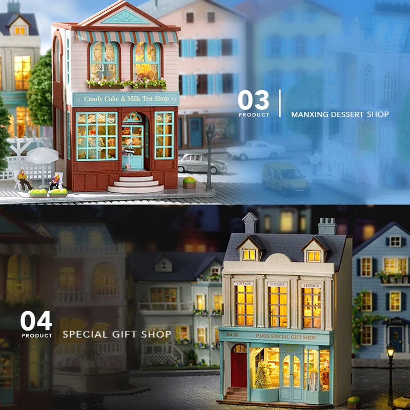 Zelfbouw miniatuurhuisje houten villa met meubels en verlichting - D-0013