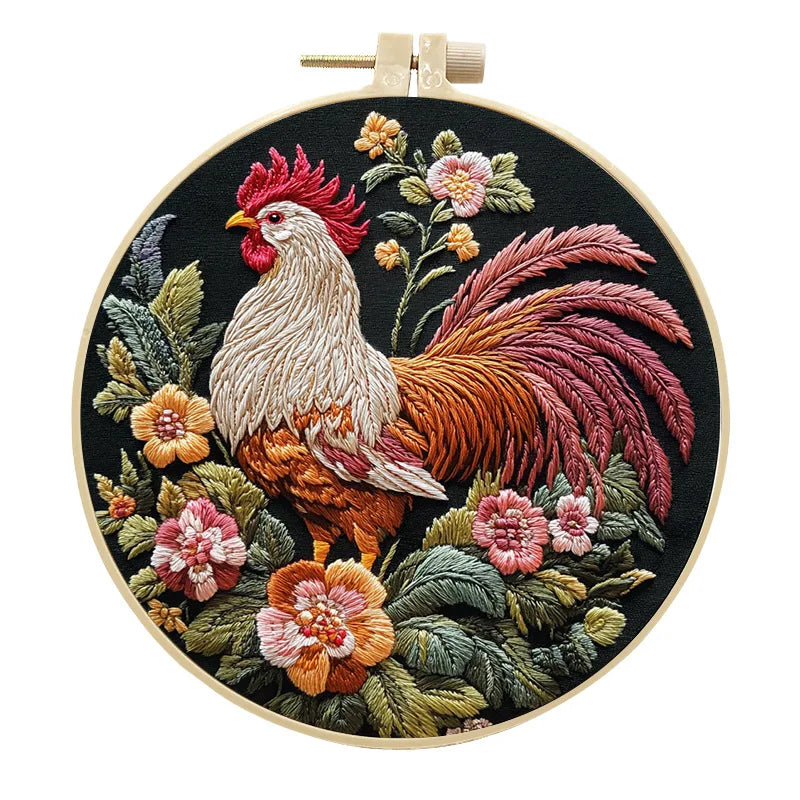 Borduurpakket rond haan met bloemen patroon voor beginners