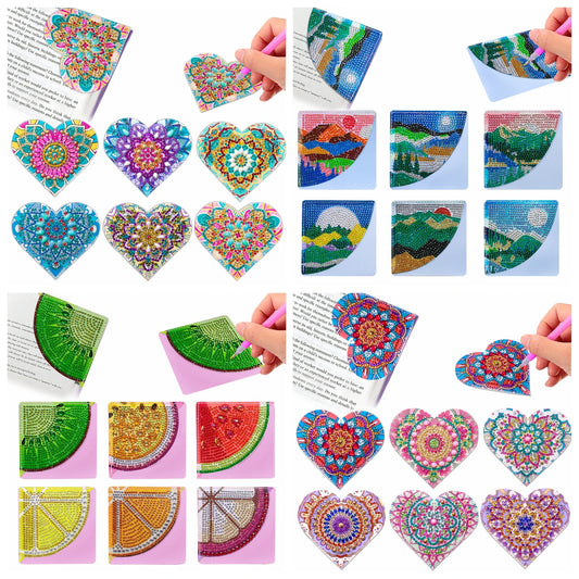 Diamond Painting Boekenlegger Hoekjes Set van 6 – Hartontwerp met Diamond Painting Steentjes