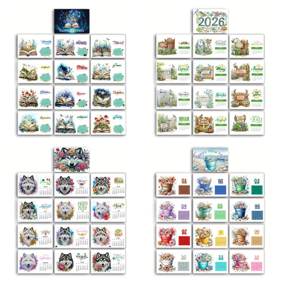 Diamond Painting Kalender 2026 Wolf en Bloemenpatroon – Creatieve Steentjes Set