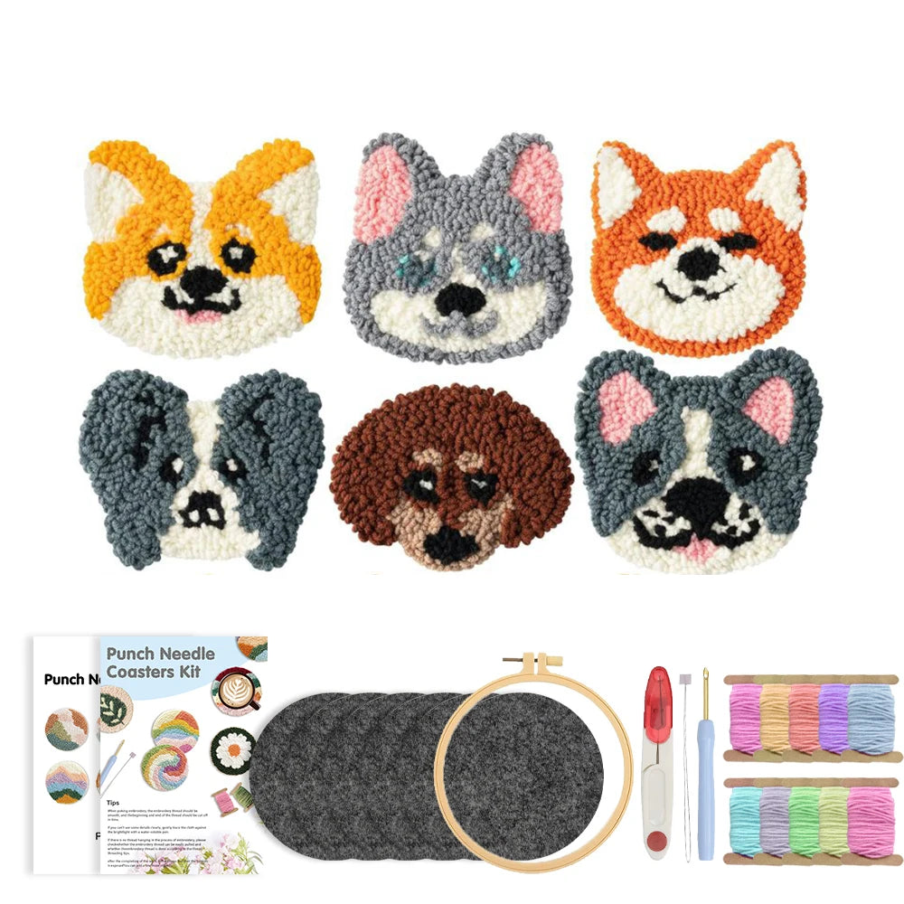 Punch Needle pakket Hond Onderzetters Set voor Beginners 6 Stuks