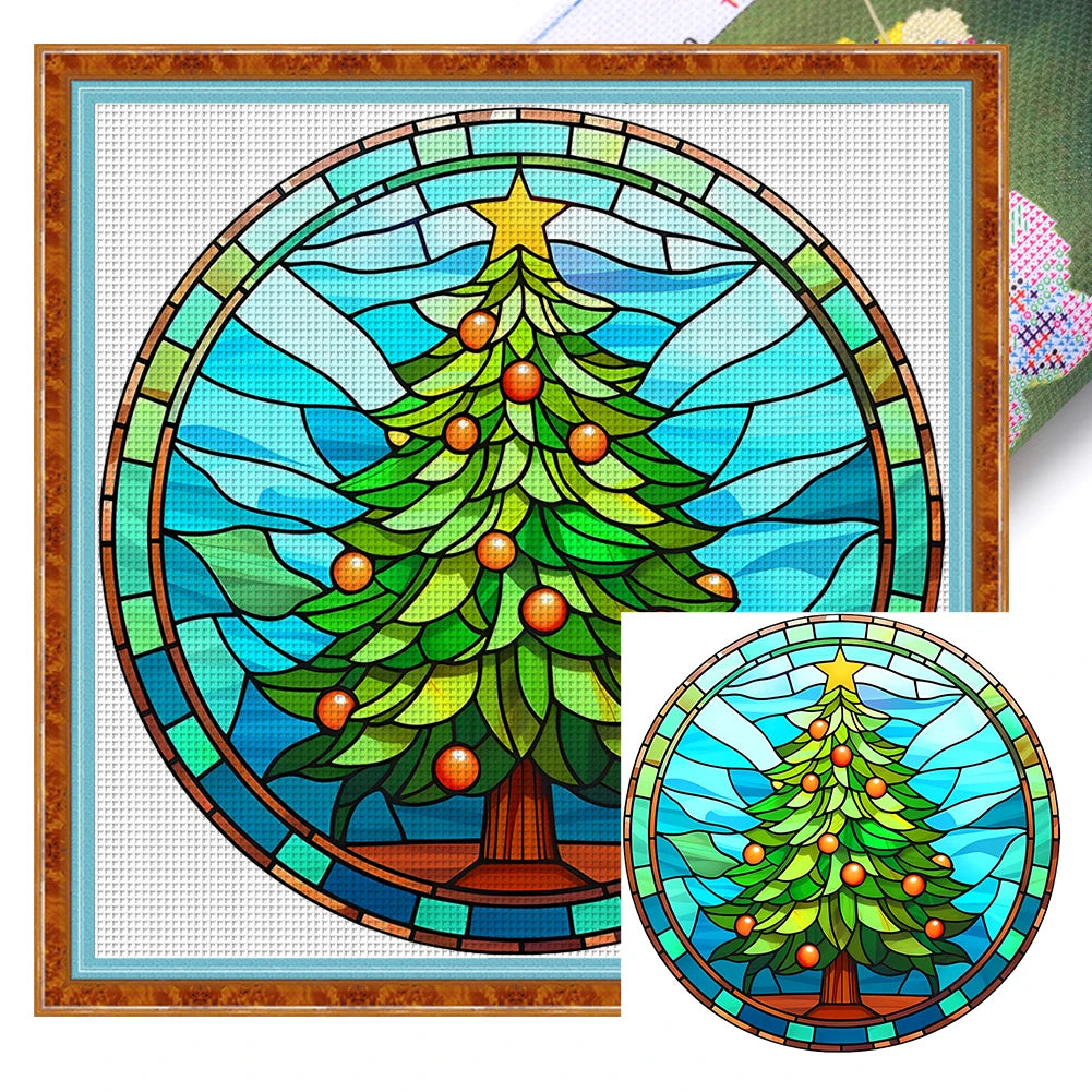 Borduurpakket Kerst – Glas-in-lood Kerstman, Kerstboom, Sneeuwpop