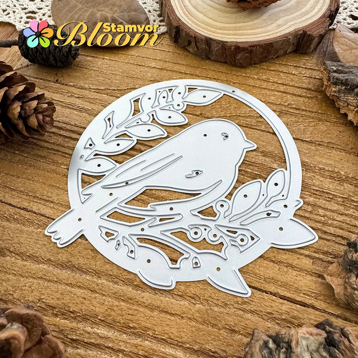 Snijmal halve cirkel met vogel op tak voor kaarten en creatief papierwerk