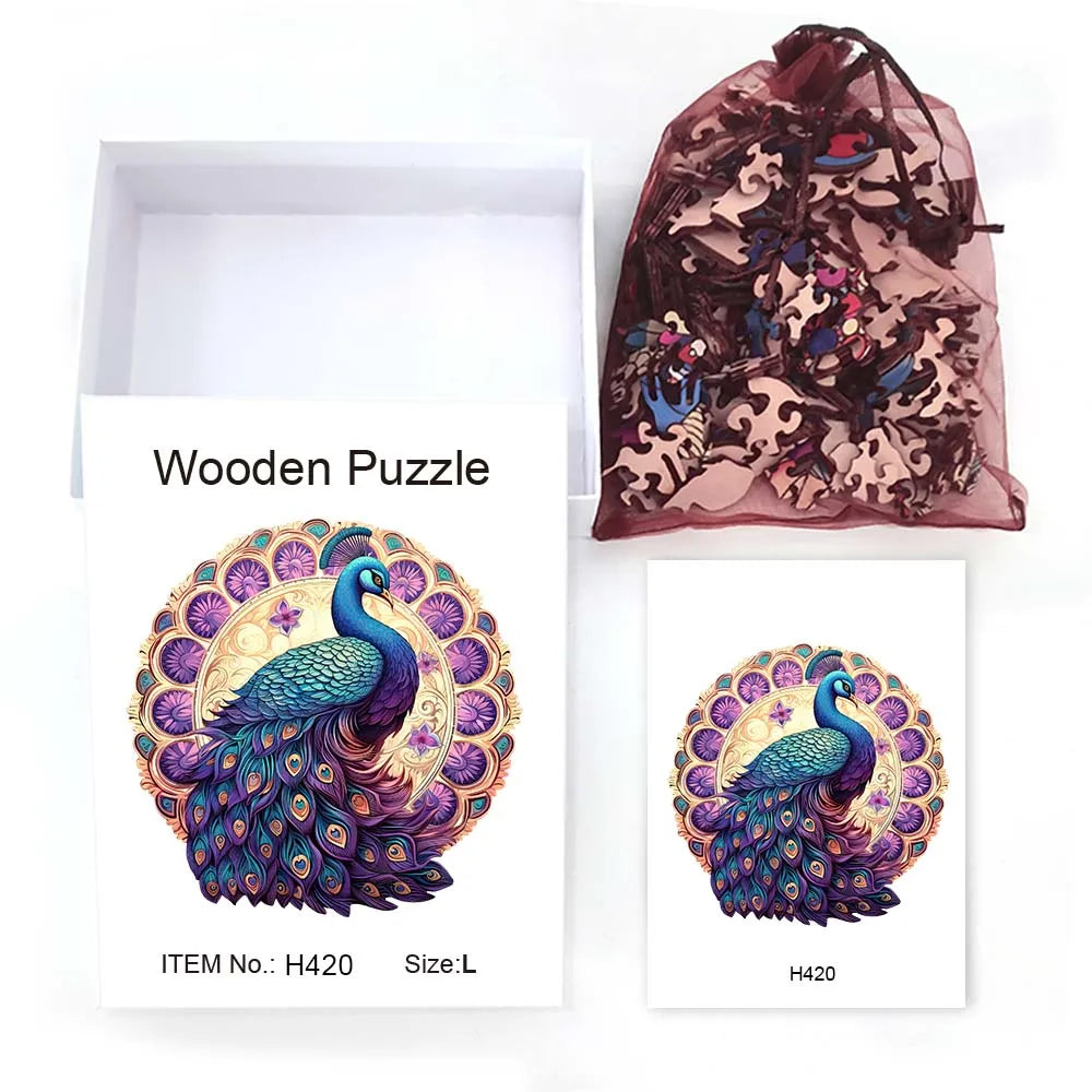 Houten figuren puzzel pauw in geschenkdoos – unieke dierenvorm