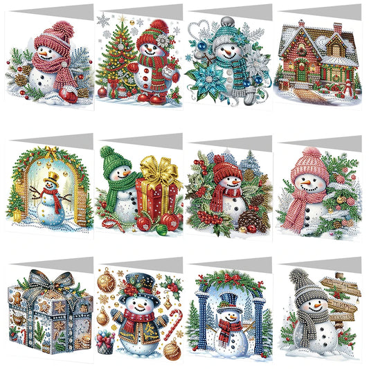 Diamond Painting Kerstkaarten set – 12 stuks sneeuwpop design