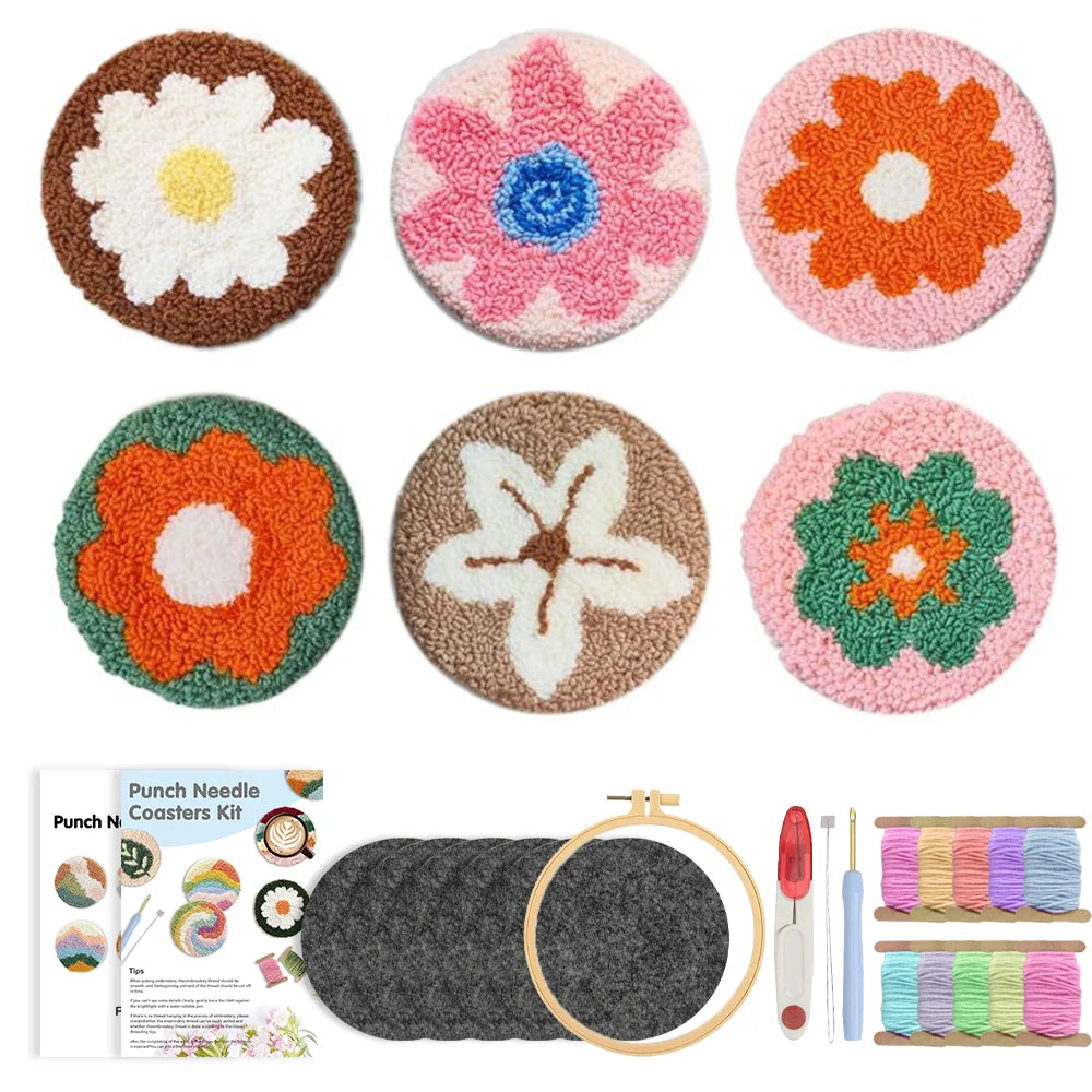 Punch Needle pakket Onderzetters Dieren en Bloemen 6 Stuks voor Beginners