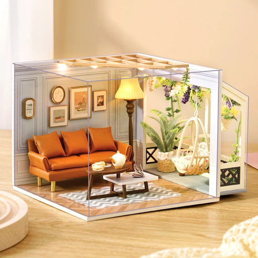 Zelfbouw Miniatuurhuisje met Meubels en Verlichting – H025 met stofkap