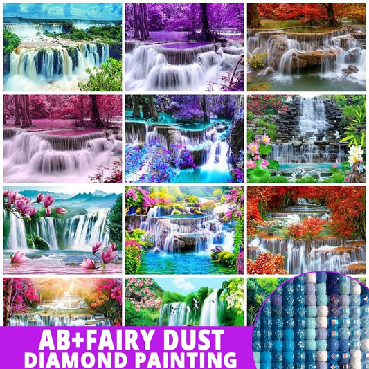 AB Diamond Painting met Fairy dust steentjes Waterval Bloemen
