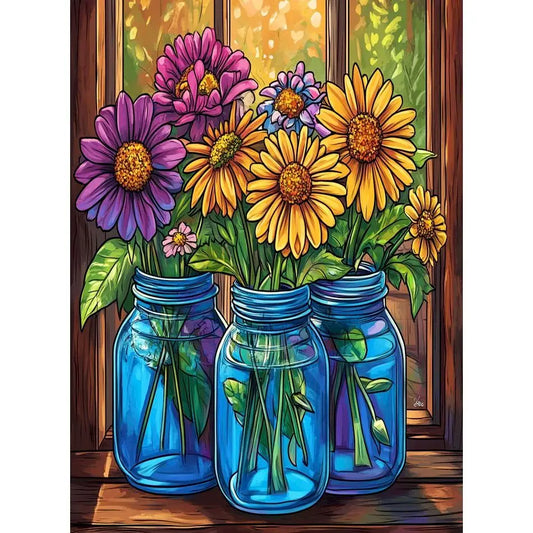 Schilderen op nummer Bloemen met glazen vazen op canvas met frame - 9967504