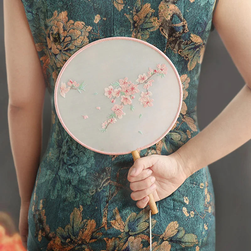 Borduurpakket rond Chinese bloemen waaier met voorgedrukt patroon