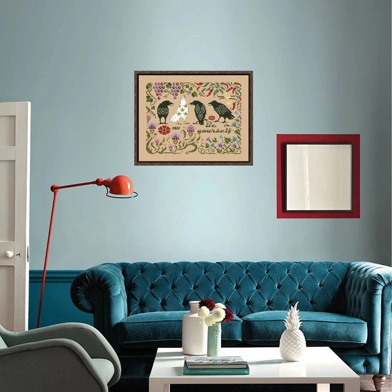 Borduurpakket Kraaien en Bloemen op Linnen Canvas